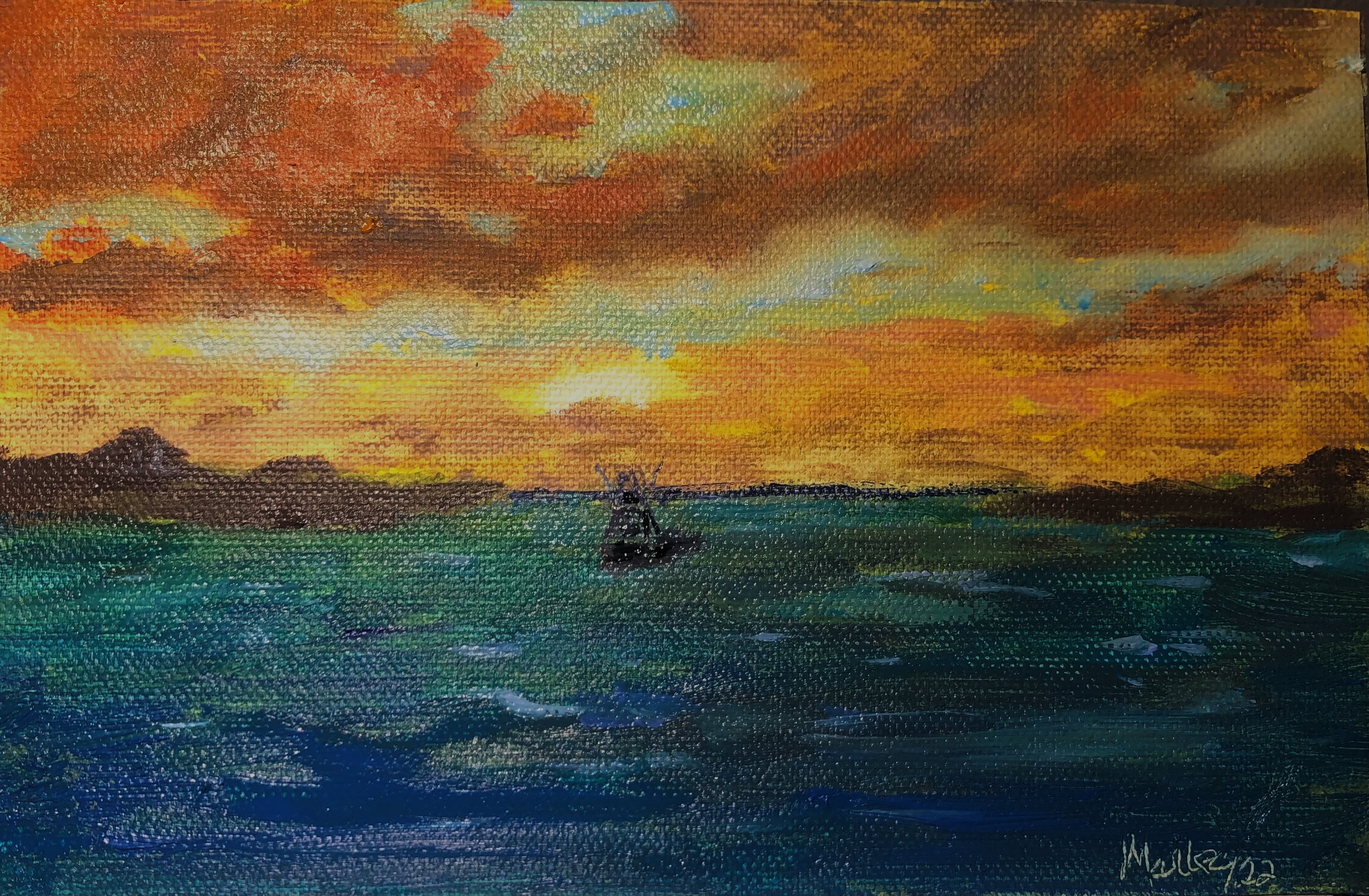 Oil Painting on Canvas 8x5.  This is the early morning call to win in a fishing tournament as the early boats get to their most favoured spots on the ocean and attempt to bring in the winning catch.  